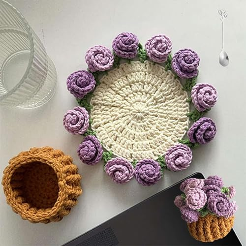 Crochet Flower Blanket Coasters, 7.8in Crochet Flower Coasters, Handmade Vintage Crochet Flower Bouquet Material Pack, DIY Floral Crochet Coasters Gifts for Women Mother's Day
