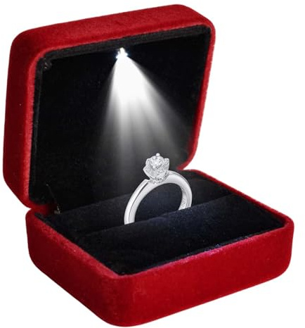 Homirty Ringschatulle mit LED, Beleuchtete Ringbox, Ringschachtel Ring Samt, Ring Display Geschenkbox, Rings Box mit LED Licht, Ringschachtel Flach, Ringkästchen für Hochzeit (Burgunderrot)