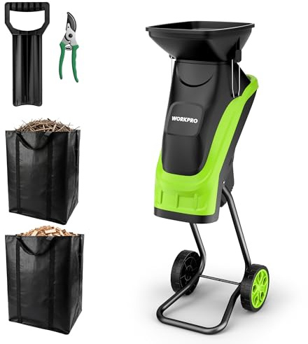 WORKPRO Elektrisk trädgårdshackare med häcksax, 2 500 W knivhackare med 44 mm skärdiameter, 4 300 varv/min, 2 x 45 l samlingspåse, trähackare och lövhackare för trädgårdsavfall