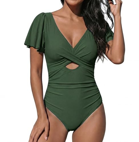 OUSIMEN Costume Intero con Scollo a V Monokinis arricciature con Scollo a V, Verde Militare, S