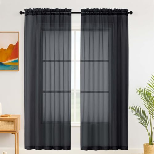Simplebrand Voile Vorhänge Schwarz mit Stangentasche 2er Set H200 x B150 cm | Transparent, lichtfilternd und atmungsaktiv, mit Stangentasche für Wohnzimmer, Schlafzimmer, Küche, Bad und kleine Fenster