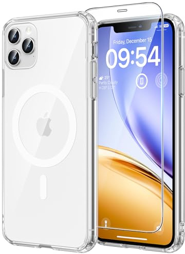 TAURI für iPhone 11 Pro Max Hülle 6,5 mit Schutzfolie - Durchsichtig | Kompatibel mit MagSafe, Schutz nach Militärstandard, [Anti-Vergilbung] Stoßfest Magnetisch Handyhülle