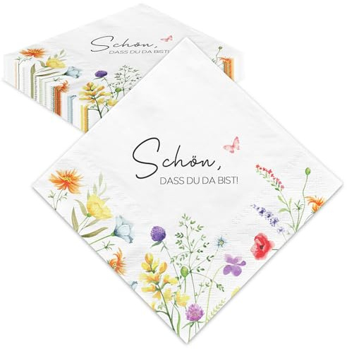40 Stück Servietten, Schön, DASS DU DA BIST – Blumen & Schmetterlinge Design – für Frühling, Geburtstag, Ostern, Hochzeit, Taufe & Festliche Tischdekoration