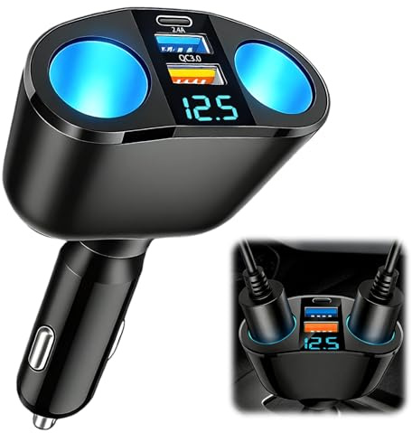 120W Car Cigarette Lighter Adapter Dual USB QC3.0 PD LED Voltmeter | 12V/24V Multi Socket Charger Splitter with Double Cigarette Lighter, Fast Charging for Phone, GPS, Dashcam and Vehicle Device