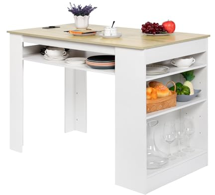 buybyroom Kitchen Breakfast Bar Table, Wooden Dining Table, Kitchen Table with Storagewith 3-tier Storage Shelf, 110×60×78cm