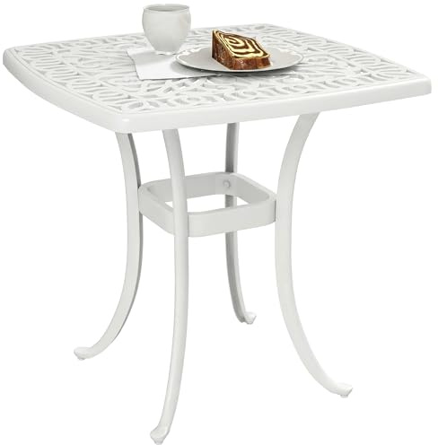 Table de jardin Outsunny, table d'appoint en aluminium moulé avec trou pour parasol et patins antidérapants pour jardin, terrasse, balcon, 54 x 54 cm, blanche