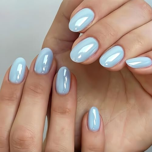 KQueenest Chrome Press On Nails Short Oval, Glazed Baby Blue False Nails Almond, High Shine Gel Fake Nails Press ons for Women Salon Quality Manicure in 16 Sizes - 32 Stick On Nail Kit
