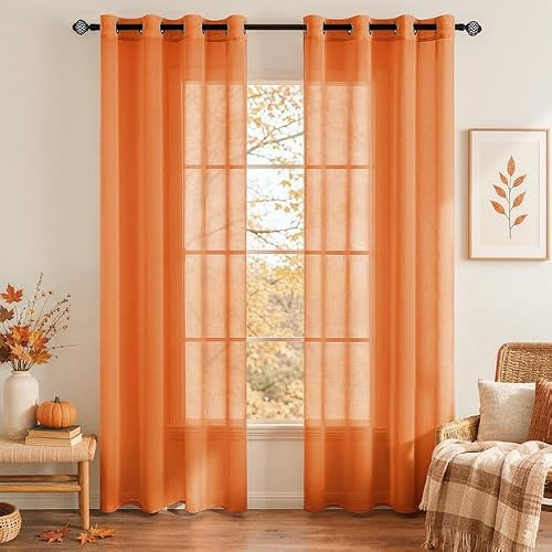 EMEMA Gardinen mit Ösen 2er Set 225cm Lang Orange Vorhang Voile Vorhänge | Vorhang mit Ösen Transparente Polyester Ösenschal Transparent Wohnzimmer Luftig Dekoschal für Schlafzimmer B140 X H225cm