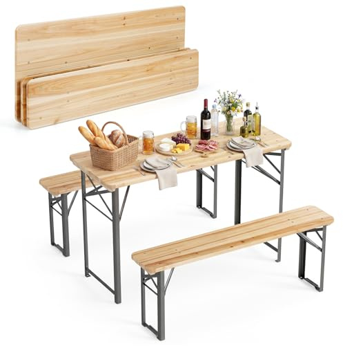 COSTWAY Bierzeltgarnitur klappbar, 3-teilige Biertischgarnitur Holz, 2X Bierbänke 1X Biertisch, Bierbankgarnitur, Festzeltgarnitur, Biergartengarnitur