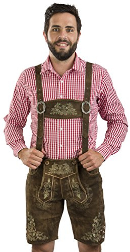 Hommes Herbstlaub Pantalon en Cuir Traditionnel Marron - Broderies Fines - Pantalon en Cuir Traditionnel Classique de Schöneberger avec Bretelles INCL.
