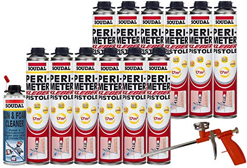 Soudal Kombi Set 12 x Perimeterkleber 750ml Dose + 1 x Soudal PU- Reiniger 500ml Dose + Schaumpistole Compact