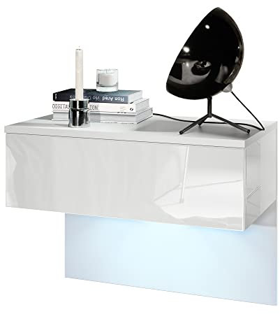 Vladon Nachttisch Sleep, Made in Germany, Nachttischschrank mit Schublade zur Wandmontage, Weiß matt/Weiß Hochglanz, inkl. LED-Beleuchtung (60 x 46 x 35 cm)