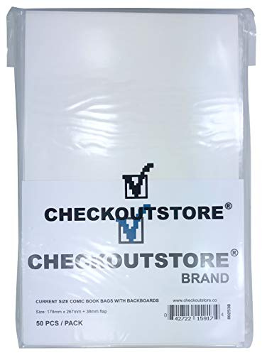 (50) CheckOutStore Crystal Clear Comic Book Resealable Bags with Backing Boards (Current Age - White)