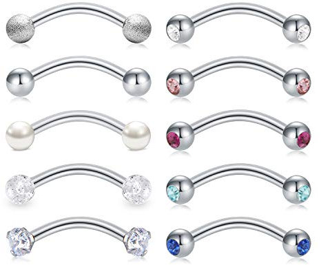 AceFun 10 Piezas 16 Gauge Piercing de Ceja Curvado Barbell Peircing Rook Ombligo 8mm de Acero quirúrgico Piercings de Joyería Plata