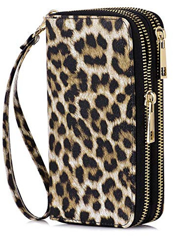 HAWEE Damen Lange Clutches Geldbörse Handschlaufe Portemonnaie Doppelter Reißverschluss Brieftasche Handy Geldbörse mit Mehreren Karten Slots für Münzen Bargeld Rechnung (Braun Leopard #1)