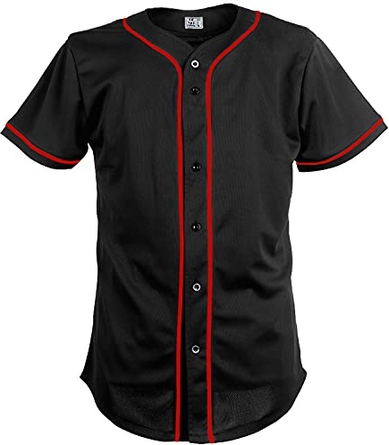 Pullonsy Mens Blank Black Baseball Jerseys Button Down Mesh Fashion Hip-Hop Shirts Tee,Red Stripe Plain,Size L