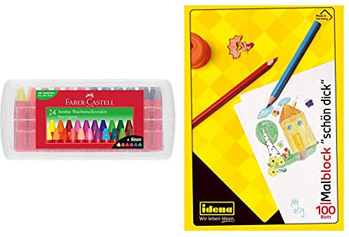 Faber-Castell 120034 - Wachsmalkreiden Jumbo 24er Box, inklusive Neon-Farben und Hautfarbe + Idena 10390 - Idena Malblock, A4, 100 Blatt, 70g/m², Schön Dick