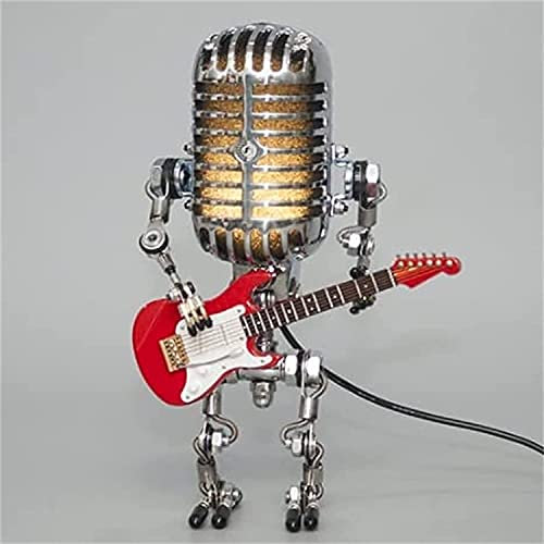 Vintage Microphone Robot Desk Lamp, Retro Style Microphone Robot Desk Lamp Holding Guitare Vintage, Vintage Light Home Decor Nightstand Desk Lamp for Bedroom, Bar, Restaurant (Red)