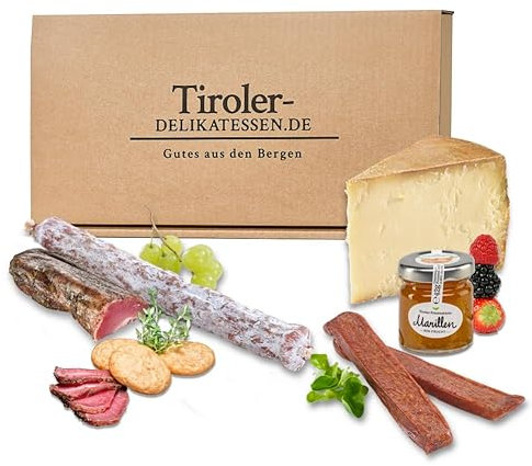 Almgourmet, Geschenkset Tiroler Kennlernbox - 612g - Zusammenstellung aus 5 Tiroler Produkten - mit Filet, Käse und Konfitüre