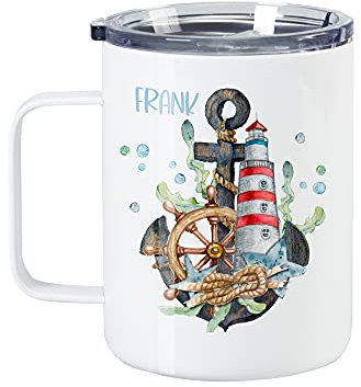 GRAZDesign Thermobecher mit Deckel, mit Henkel, Thermotasse Kaffee To Go, personalisiert mit Namen, Leuchtturm Anker maritim, Becher für Camper Garten Büro Edelstahl 350ml
