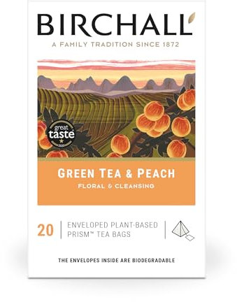 Birchall Green Tea & Peach - 20 Enveloped Plant-Based Prism Tea Bags