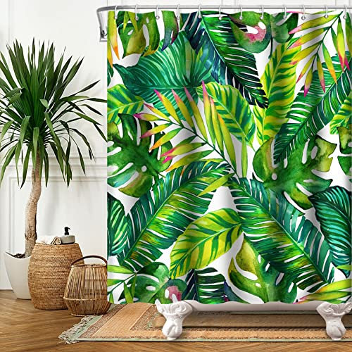ChloropLastid Grünes Blatt Duschvorhang Tropische Pflanze Banane Monstera Palmblätter Duschvorhang-Sets Aquarell Dschungel Botanische Duschvorhänge für Badezimmer 180,3 x 180,3 cm mit 12 Haken