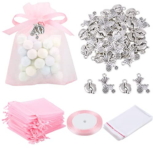 50 Sets Taufe Deko Mädchen Niedlicher Miniatur Anhänger Metall mit Rosa Organza Beutel und Plastiktüten für Taufe Dekoration Geschenkverpackung Gastgeschenke Kindergeburtstag Mädchen usw.