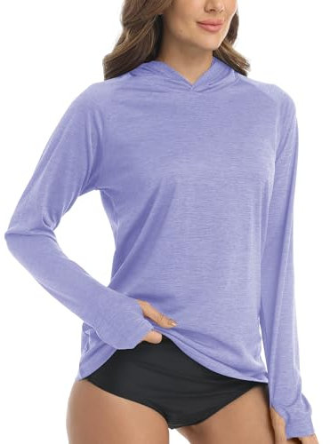 KEFITEVD Damen Shirt Langarm Atmungsaktiv Leicht Kapuzenshirt Sonnenschutz Casual Langarmshirt Sommer Daumenloch Fahrradshirt Frauen Trekkingshirt Stretch Hoodie T Shirt Hellviolett Meliert S