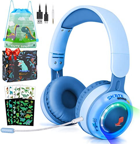 JYPS Kinder Kopfhörer Bluetooth, Dinosaurier Kinder Kabellos Kopfhörer mit LED-Licht, Kleinkind Kopfhörer drahtlos für Jungen Mädchen, justierbarer Kinderkopfhörer ab 3, 5, 7,10 Jahre für iPad