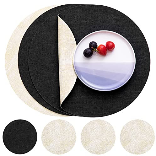 Myir JUN Tischsets Abwaschbar Leder und Untersetzer, Doppelseitigen Platzset Rund Ø 36cm 4er Set rutschfest Glasuntersetzer Platzdeckchen Leder Kunstleder Tischset (Cremeweiß Schwarz, 4er Set)