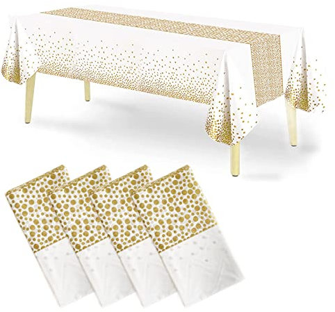 Einweg-Plastiktischdecken, 4 Pack weiße und goldene Pailletten Tischdecke 54x 108 Party Tisch Abdeckung Tischläufer für Rechtecktische bis zu 8 ft und Geburtstagshochzeit Weihnachten Neujahr Bankett