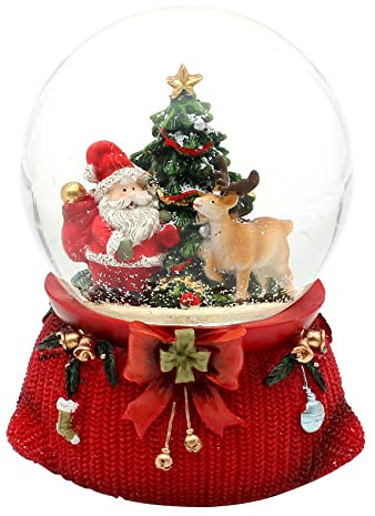 Große Schneekugel, Weihnachtsmann mit REH und Tannenbaum, mit Sound, auf aufwendig dekoriertem Sockel, Maße L/B/H: 10 x 10 x 14 cm Kugel Ø 10 cm