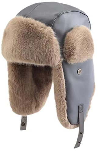 GIBZ Fliegermütze für Damen Plüsch Wintermütze mit Ohrenschutz Winddicht Leder Russisch Trappermütze, Grau