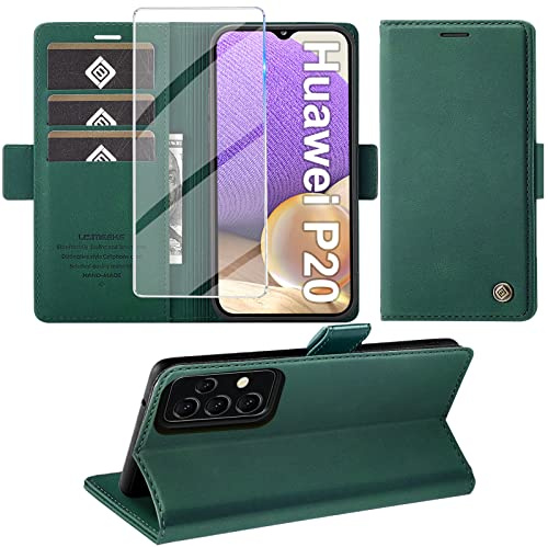 Giyer Handyhülle für Huawei P20 Hülle mit Schutzfolie, Standfunktion Kartenfach Wallet Premium Leder Schutzhülle P20 Flip Case Cover Stoßfeste Klapphülle für Huawei P20 5.8 Zoll Hüllen (Grün)