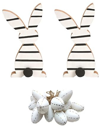 Schmucks HOME Osterdeko Set Hase 2X Osterhase 18 cm Holz 12x Ostereier Plastik (Bundle Weiß)