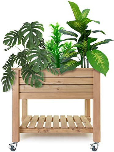 HolzFee Pflanzkasten Hoch Primus 90 x 58 x 75 (83) cm | Hochbeet Tisch-Pflanzkasten mit Doppel-Rollen | Lärche Massive Qualität