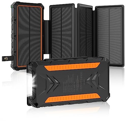 Batterie externe solaire 20 000 mAh, chargeur solaire 3 A, charge rapide avec 2 sorties et entrée USB-C, batterie externe étanche avec 4 panneaux solaires et lampe de poche pour smartphones, camping