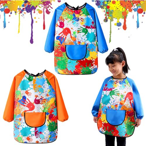 Pagezol 2PCS Kids Art Aprons for Age 7-12 Years Girls Boys, Waterproof Graffiti Painting Aprons Long Sleeves with Pockets, Kids Painting Smock Toddler Children, Play Apron for Painting, Craft, School