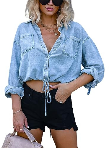 Unilexi Jeansjacke für Damen, mit 3/4-Ärmeln, farbige, kurze Jeansjacke, Trucker-Mantel