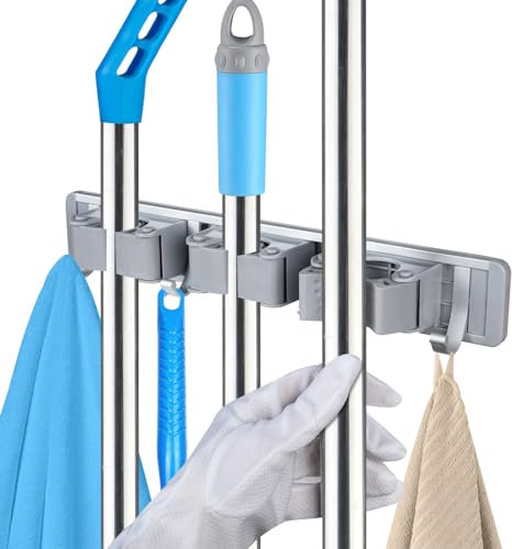 Vicloon Broom Mop Holder, Broom Holder Wall Mounted Gripper with 3 Slot 4 Hooks, Heavy Duty Broom Storage, Brush Holder Hanger, Brush Holder Hanger for Broom Cupboard Kitchen Bathroom Garage Garden