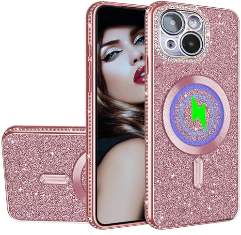 Ysnzaq Diamant Glitter Coque pour Apple iPhone 15 6.1 Compatible avec Magsafe, Silicone Paillette Bling Glitter de Luxe Magnétique Fille Antichoc Housse pour Apple iPhone 15.KL Rose Gold