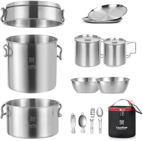 CretFine Camping Pots and Pan Set Stainless Steel Mess Kit with Camping Dishes 15pcs for one or Two Camp Pans Set Pot Set Military Mess Kit- Survival Cookware Backpacking Cooking Kit for Tavel, Camp