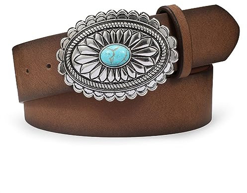 WERFORU Damen Vintage Brauner Ledergürtel Western Cowgirl Retro Türkis Landgürtel für Jeans Hosen Kleider