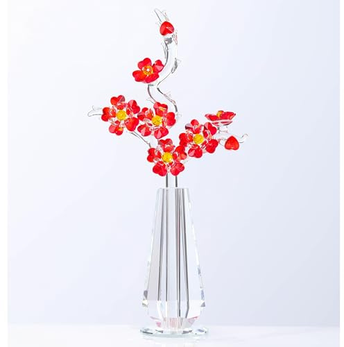 Fiori di ciliegio rosso in cristallo con steli, fiori di vetro con vasi, ciliegie giapponesi, decorazione per moglie, fidanzata, donna, decorazione da tavolo in cristallo da collezione, per San