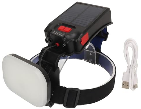 Alomejor Linterna Frontal de Pesca con Energía Solar USB, LED Brillante de 1200LM, 3 Modos de Iluminación, Ajustable, Ligera, Resistente Al Agua IPX4
