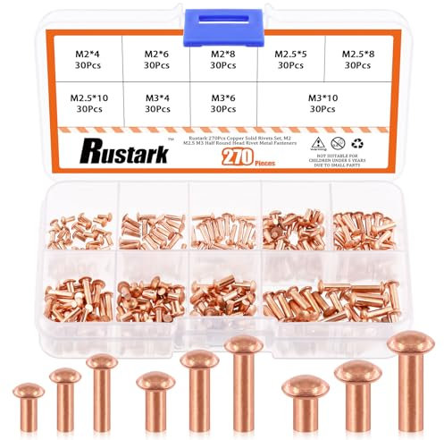 Rustark 270 rivetti M2 M2.5 M3 in rame solido rivetti a testa tonda rivetti in rame, kit assortito per applicazioni elettriche, artigianato, riparazione lavori in pelle