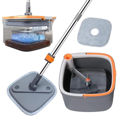 Spin Mop and Bucket, Separates Dirty and Clean Water, Upgraded Square Microfiber Mop for Floor Cleaning, Flat Mop with 2 Washable and Reusable Microfiber Pads for Office and Home