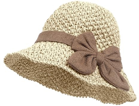 JIAHG Chapeau de Paille Femme Pliable été Chapeau de Soleil Dame avec Nœud Papillon Chapeau Melon Souple Respirant Capeline de Plage Voyage Camping