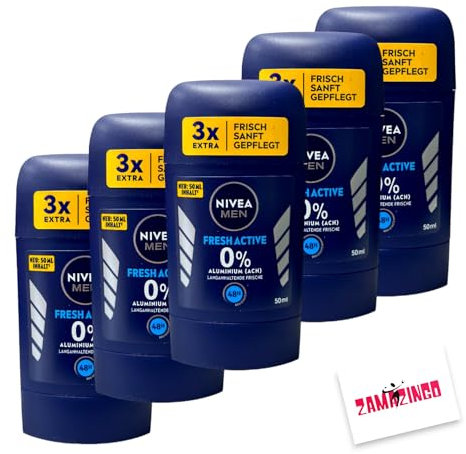 Nivea Men Fresh Active Deo Stick 0% Aluminium 48H 50ml + Zama4Zingo Karte (5er Pack, Fresh Active)