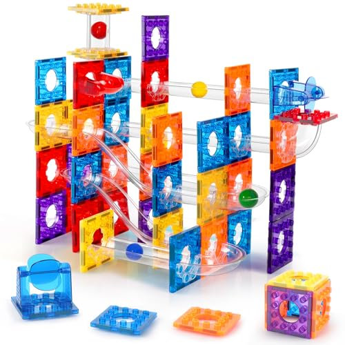 Magnetic Marble Run, 66PCS Magnetic Tiles Ball Run STEAM Magnet Construction Toy for Child Brain Development Boys Girls Age 3 4 5 6 7 8+ Years Old Toys (100)